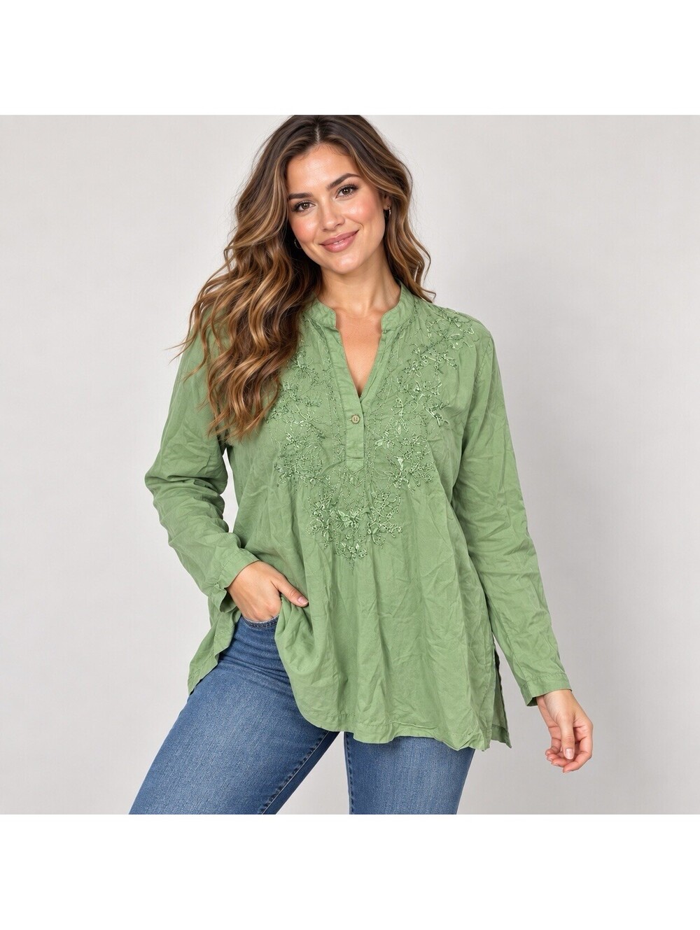 Erik Stewart Green Embroidered Tunic Blouse XL Cotton Boho Peasant Cottagecore